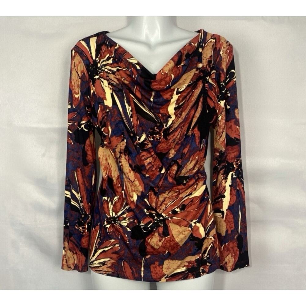 NIC+ZOE Rust Multi Floral Draped Neck Long Sleeve Top